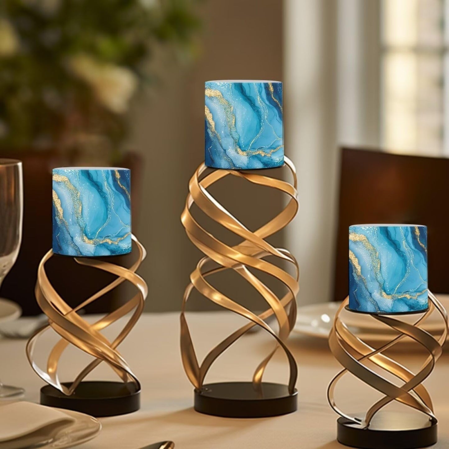 Cozeyat Blue Marble LED Candles Set of 4 Battery Powered Flameless with Remote Timer Waterproof Flickering Pillar Candles for Home Patio Garden