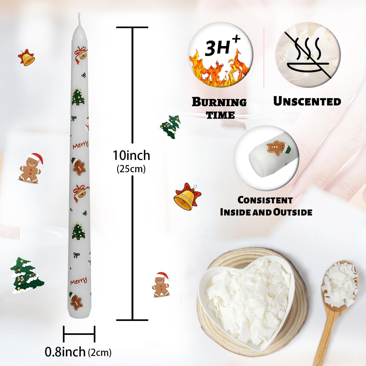 Floral Taper Candles 10 Inch Tall Unscented Handmade Christmas Trees & Gingerbread Man Print Long Burning Elegant Candlesticks for Christmas Decor Gifts