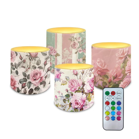 NETILGEN 3 inch Flickering Color Changing LED Candles Set of 4 Vintage Rose Flower Print Flameless Eletric Pillar Candles with Remote Timer Control Home Party Decor