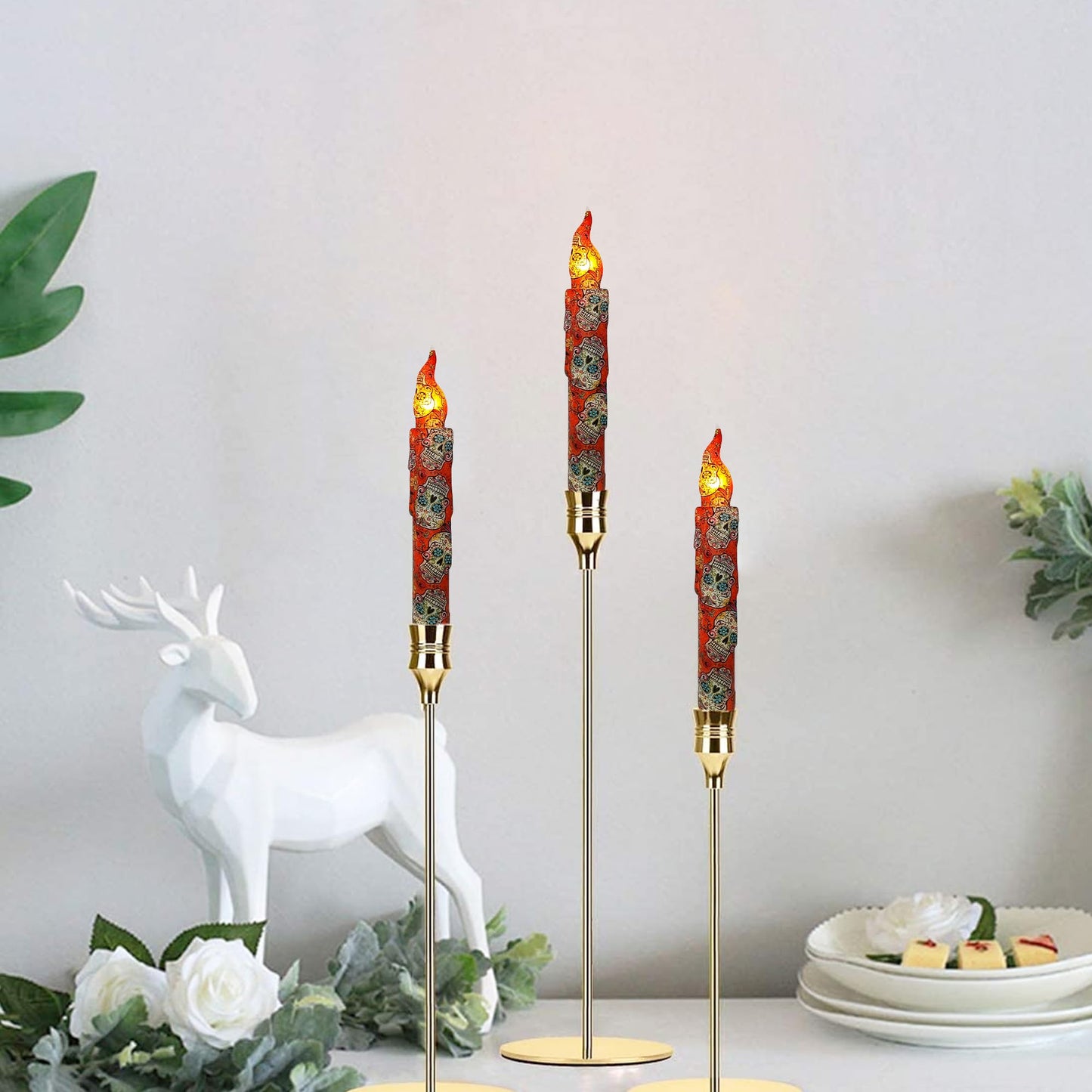 FCMSHAMD Day of The Dead Style Skull Flameless Short Taper Candles, Drip LED Battery Operated with Remote, Flickering Flame Lights for Home Décor, 6.7 Inch Primitive Flameless Print Candles, 4PCS