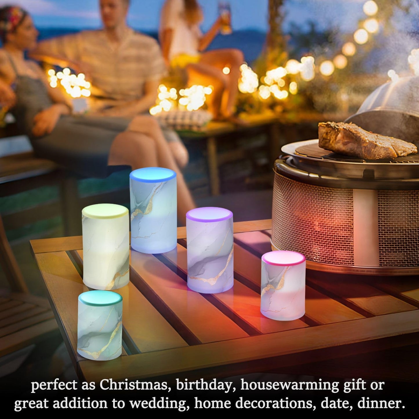famyily Marble White Gray Flameless Candles Led Pillar Candles with Timer for Dining Room Table 4" 5" Set of 2