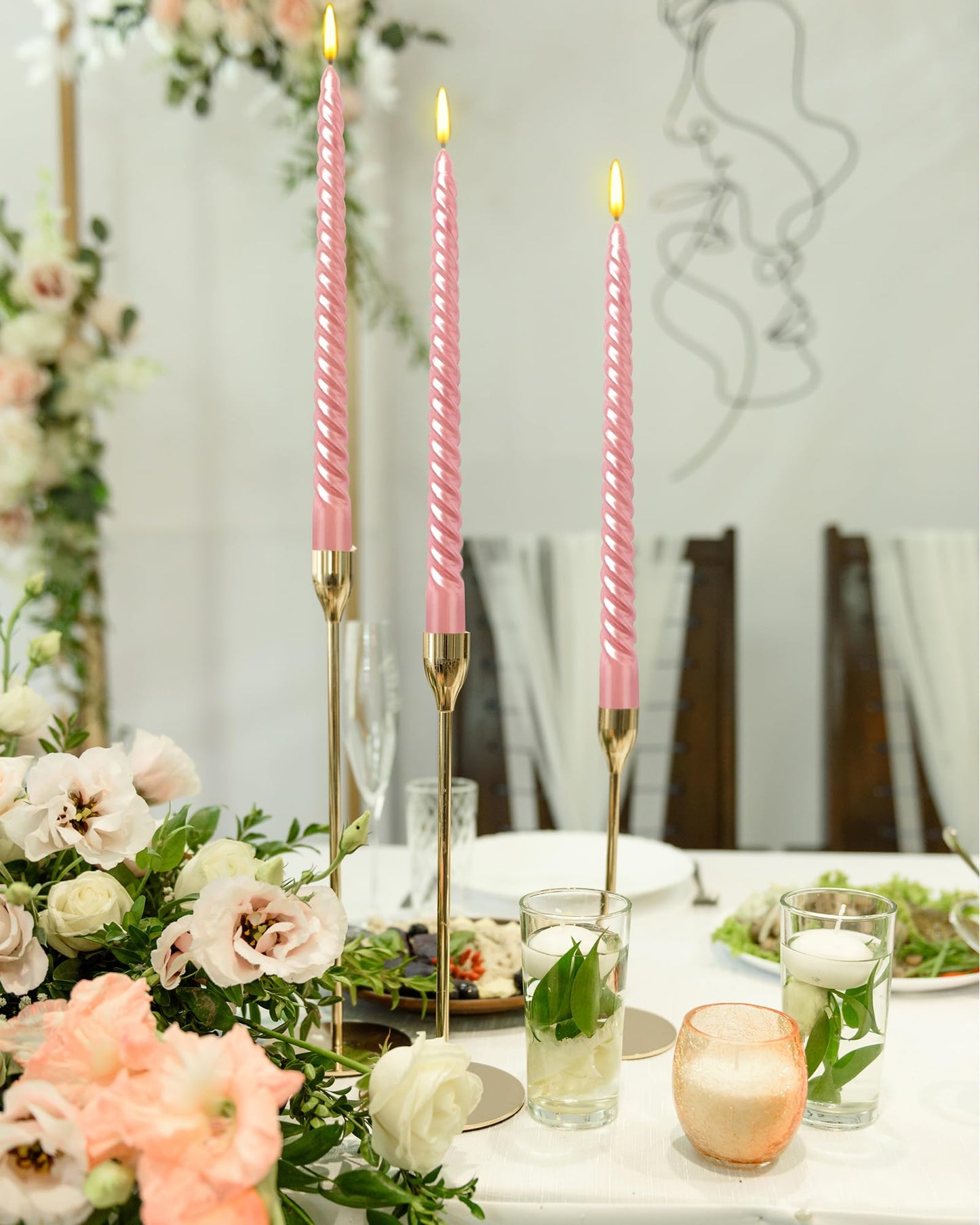 10 Inch Metallic Pink Spiral Taper Candles Set for Holiday Decor, 12 Pack Unscented Twisted Candlesticks, Dripelss Thin Tapered Candles for Wedding Dinner Holiday
