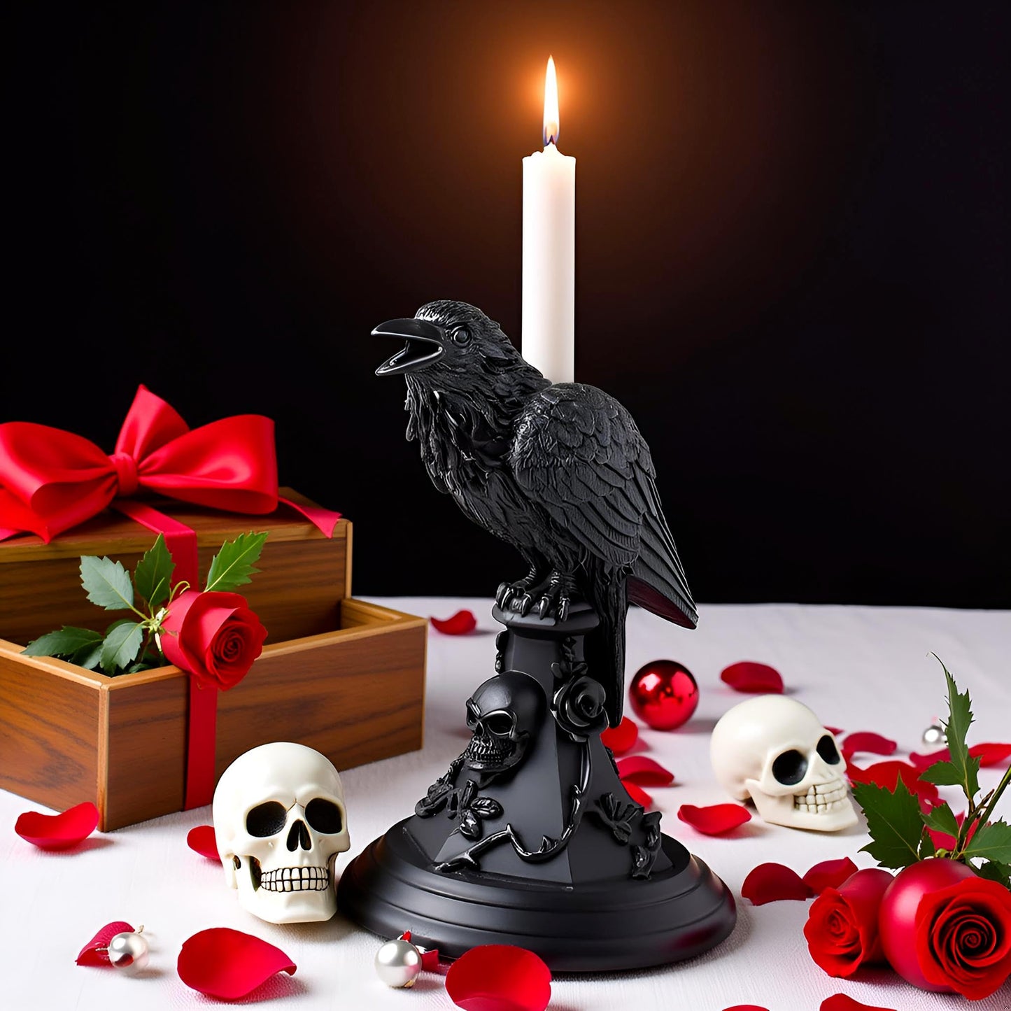 Gothic Black Cat Candle Holder Statue,Resin Cat Candlestick Holder,Halloween Gothic Tabletop Decor for Home,Dining Table & Party,Witchy Cat Figurine Gift (Crow)