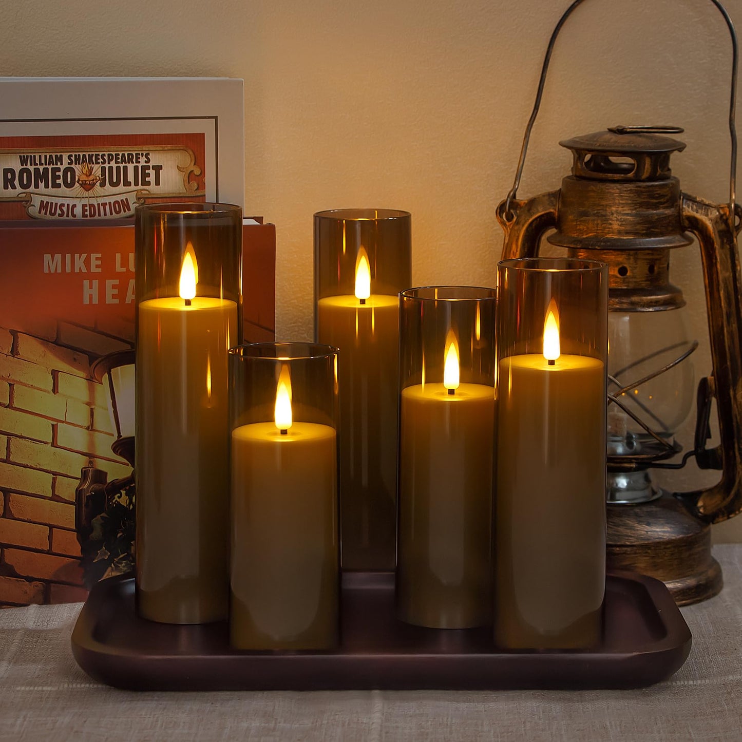 Yeelida Acrylic Flameless Flickering Candles with Remote Control and Timer, Battery Operated LED Fake 2.2" x 5",6",7",8",8" Plastic Pillar Candles for Home Decor(Long-Lasting, Grey)