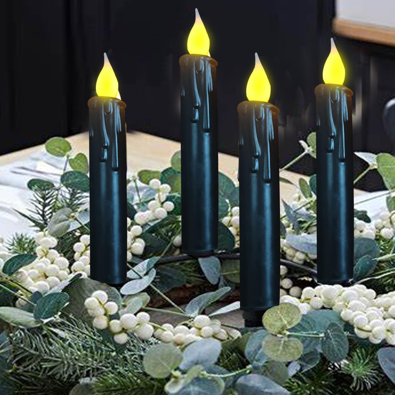 LINCOUNTRY Black Flameless Taper Candles with Timer, Real Wax Set of 2 Battery Operated LED Flickering Candlesticks, 6.75" Halloween Christmas Wedding Fireplace Decor