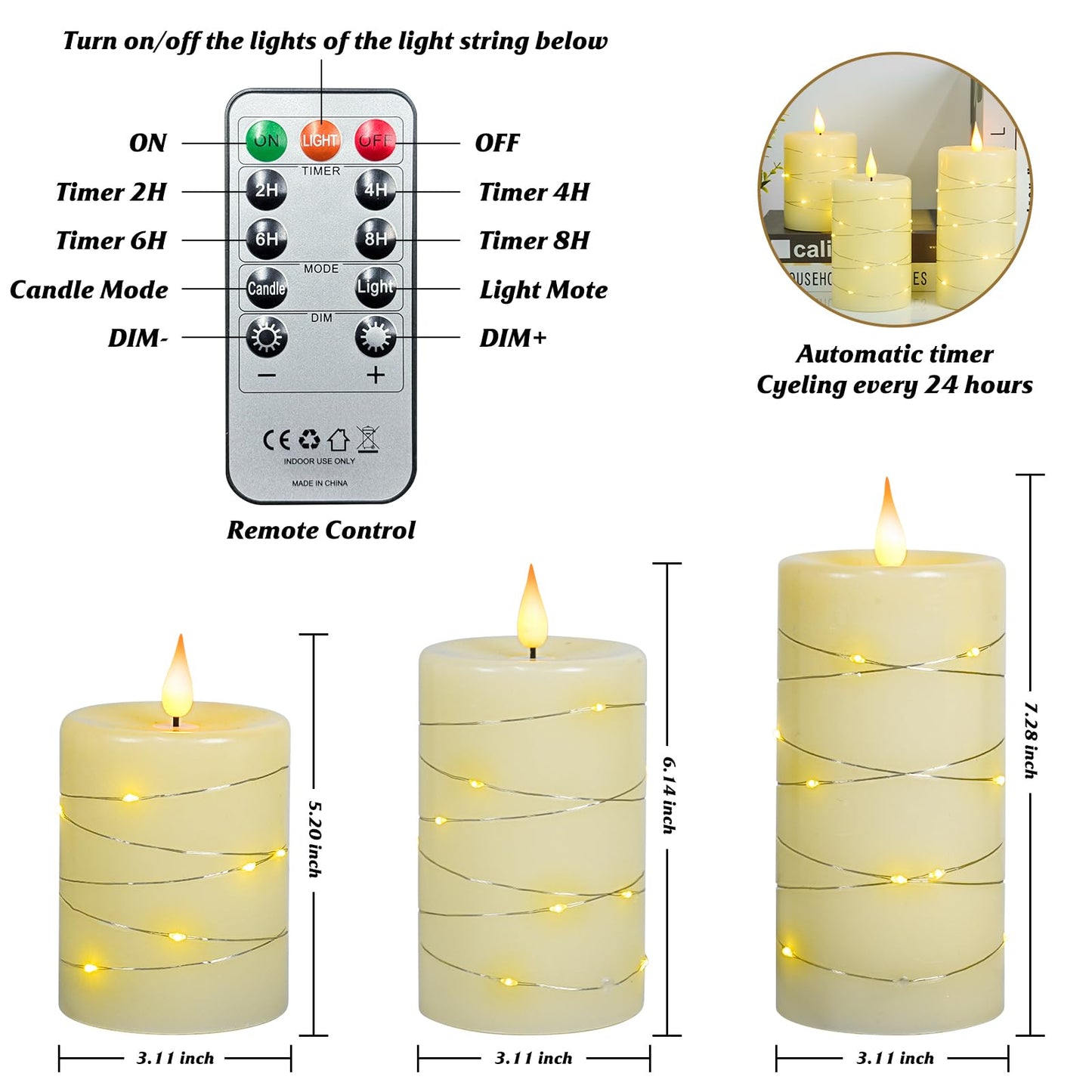 Homwamee 3 Pcs Flameless Candles with Remote Control, Battery Operated Candles LED Pillar Candle with Timer, 4'' 5'' 6'' Candles Set of 3 Pack for Wedding Centerpieces Holiday Table Home Decorations