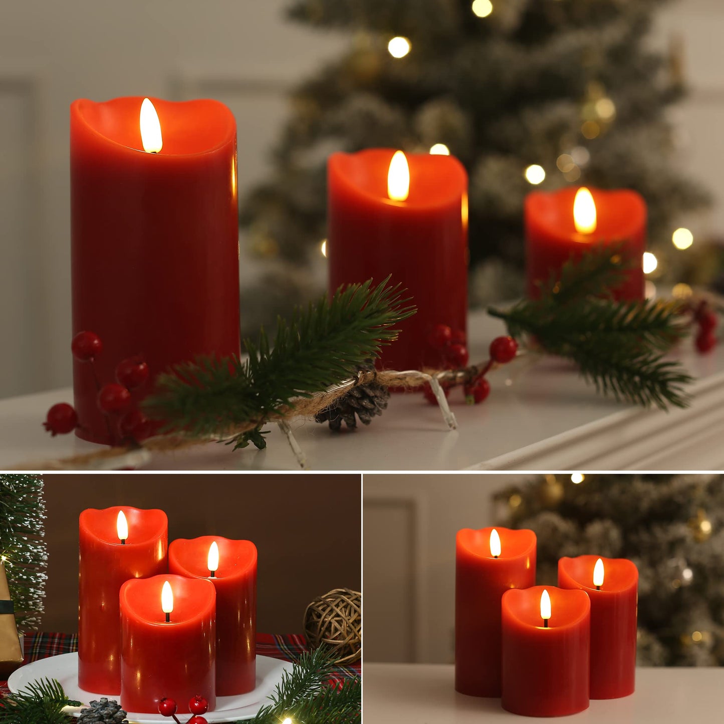 LUSHARBOR Flameless Candles with Remote, Battery Operated Christmas Candles with Timer Real Wax LED Flickering Fake Electric Candles for Christmas Party Home Decor, Set of 3 (Red)