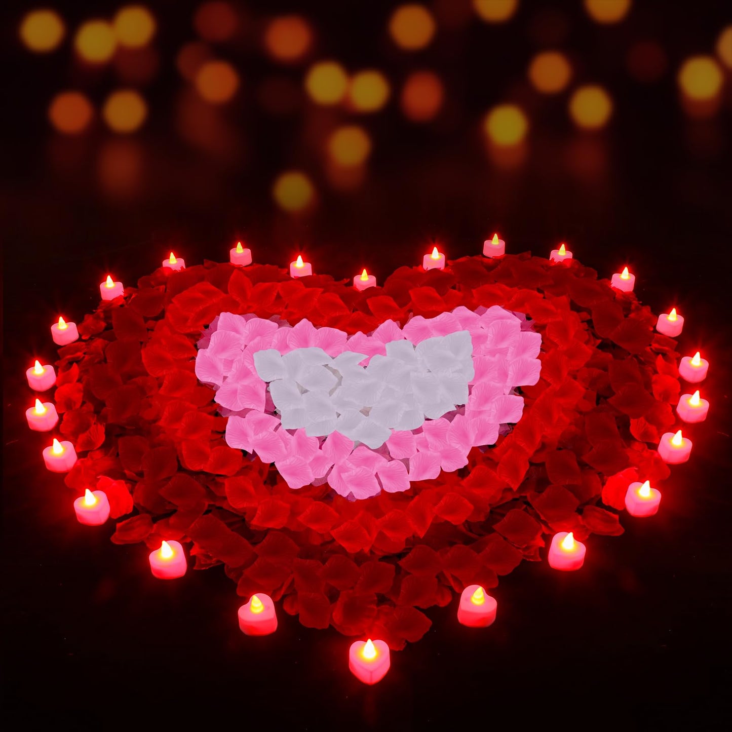 Honoson 1000 Pieces Artificial Rose Petals with 24 Pcs Flameless Heart Shaped LED Tealights Candles Special Romantic Night Decorations for Proposal Wedding Anniversary Table Decor(White with Red)