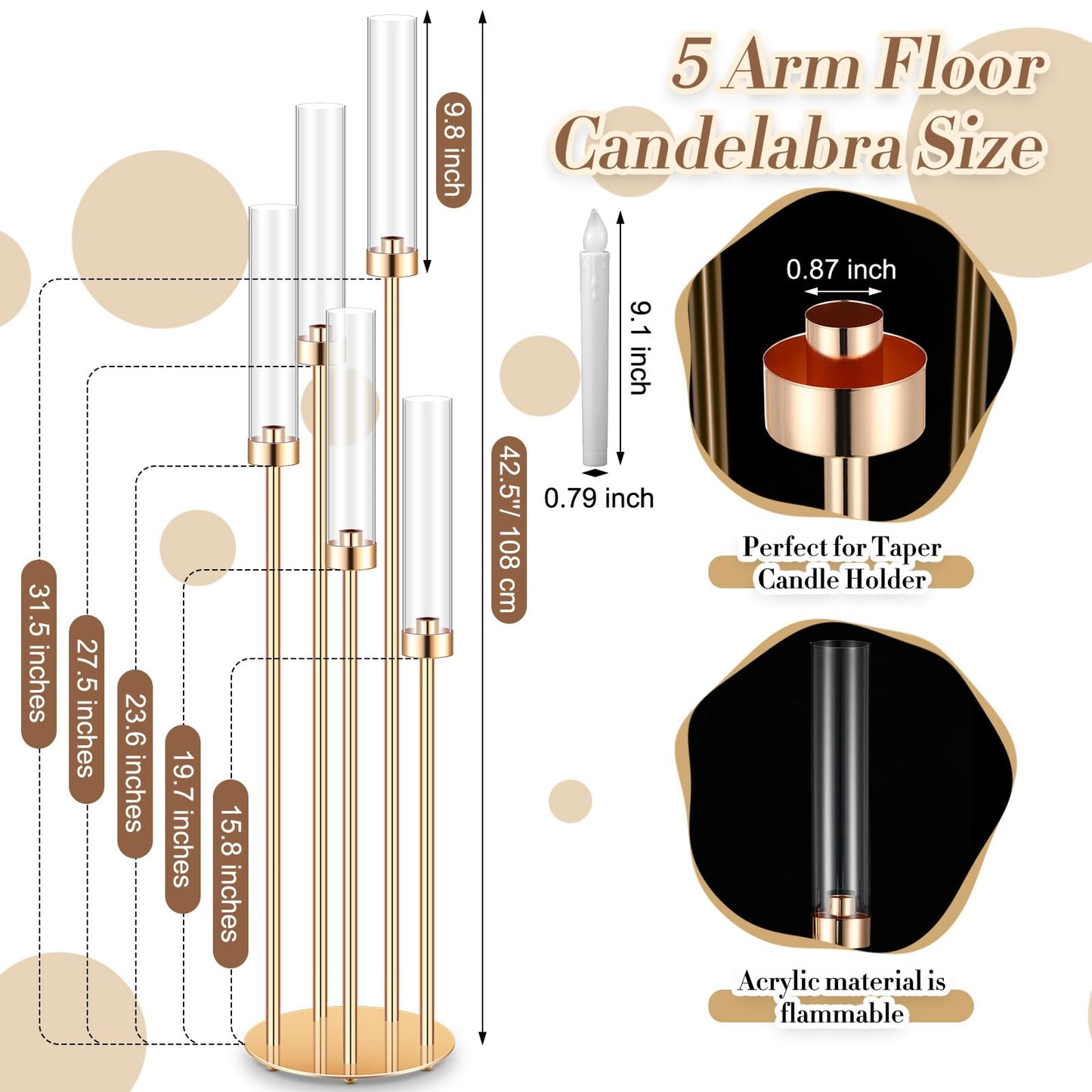 Tandefio 2 Sets Acrylic Candelabra Centerpieces 42.5" Tall Clear Candle Holders Pillar Taper Candlestick with Lampshades 5 Arm Floor Candelabra Stand for Wedding Christmas Ceremony Dinner Party
