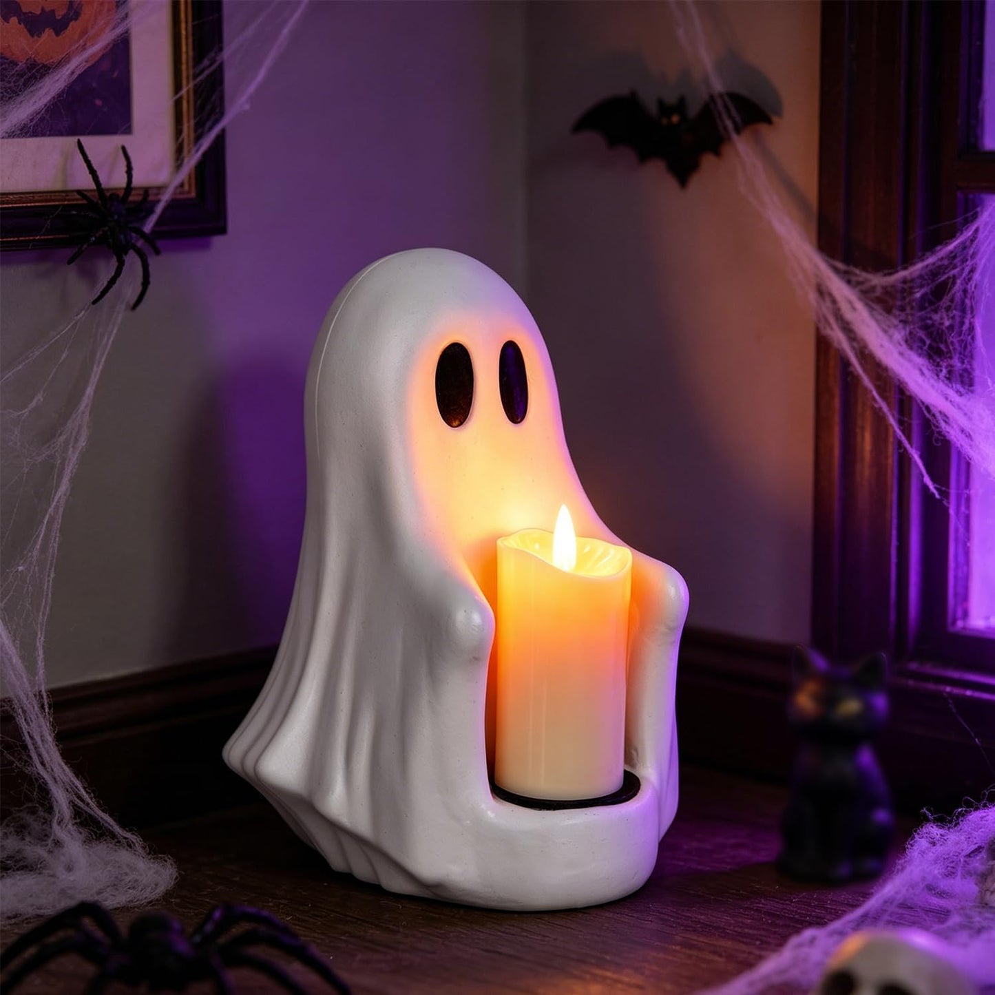 Halloween Ghost Candle Holder with Flickering Candle Effect, Spooky Cute Ghost Decor, Plastic Tabletop Decoration for Halloween Party Home