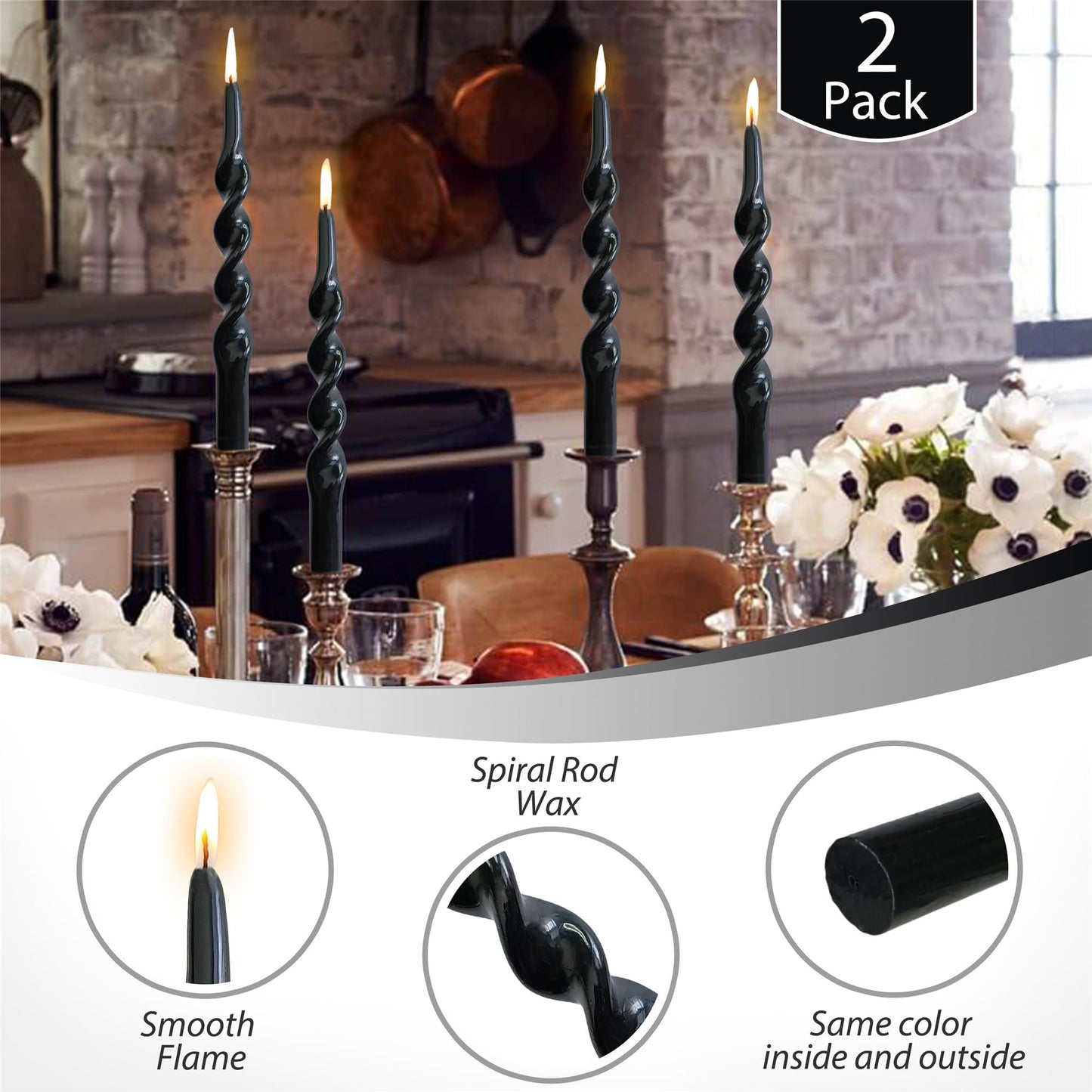 Gedengni Black Candle Sticks Tapered Candles - 2pcs Tall Twist Candlesticks Long Spiral Taper Candle Religion Tapers Candle for Dinner Decor Housewarming Gift Idea 10 Inch,1D-Black