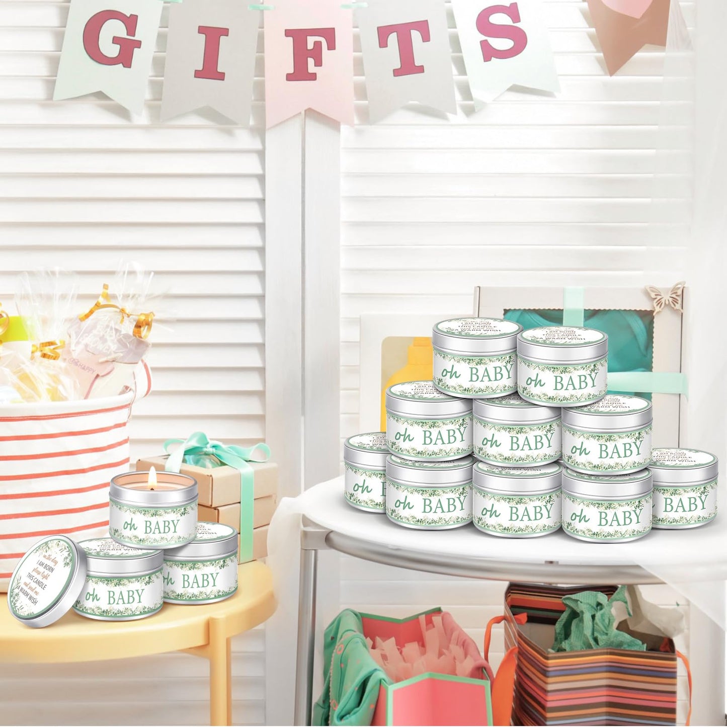 Funtery 12 Pcs Baby Shower Party Favors for Guests Baby Shower Candles Lavender Scented Candle Rustic Tealights Candles Gender Reveal Return Gifts(Leave)