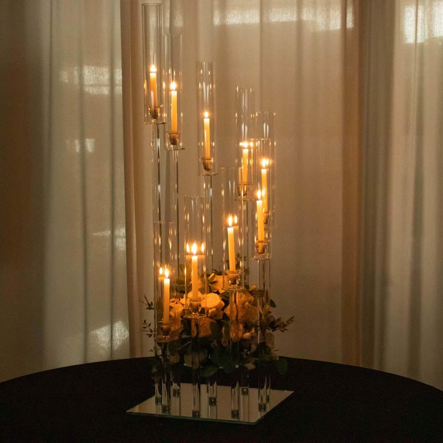 Efavormart 48" Crystal 9-Arm Cluster Glass Candelabra Floral Pedestal Stand, Square Hurricane Taper Candle Holder Stand