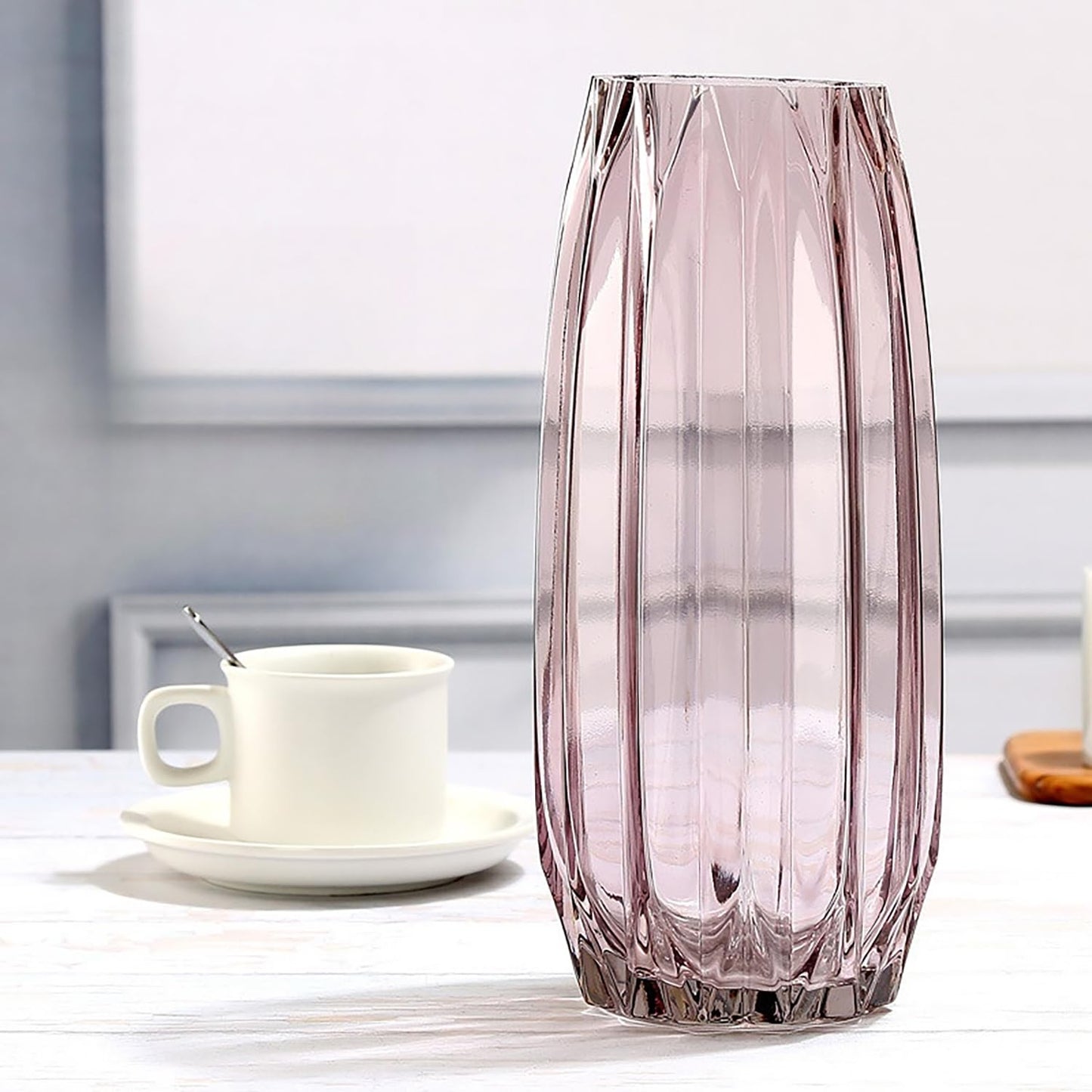 Lucky Bird Purple Pink Ribbed Glass Vase for Flowers and Candles - Modern Centerpiece (H12.0 inch)