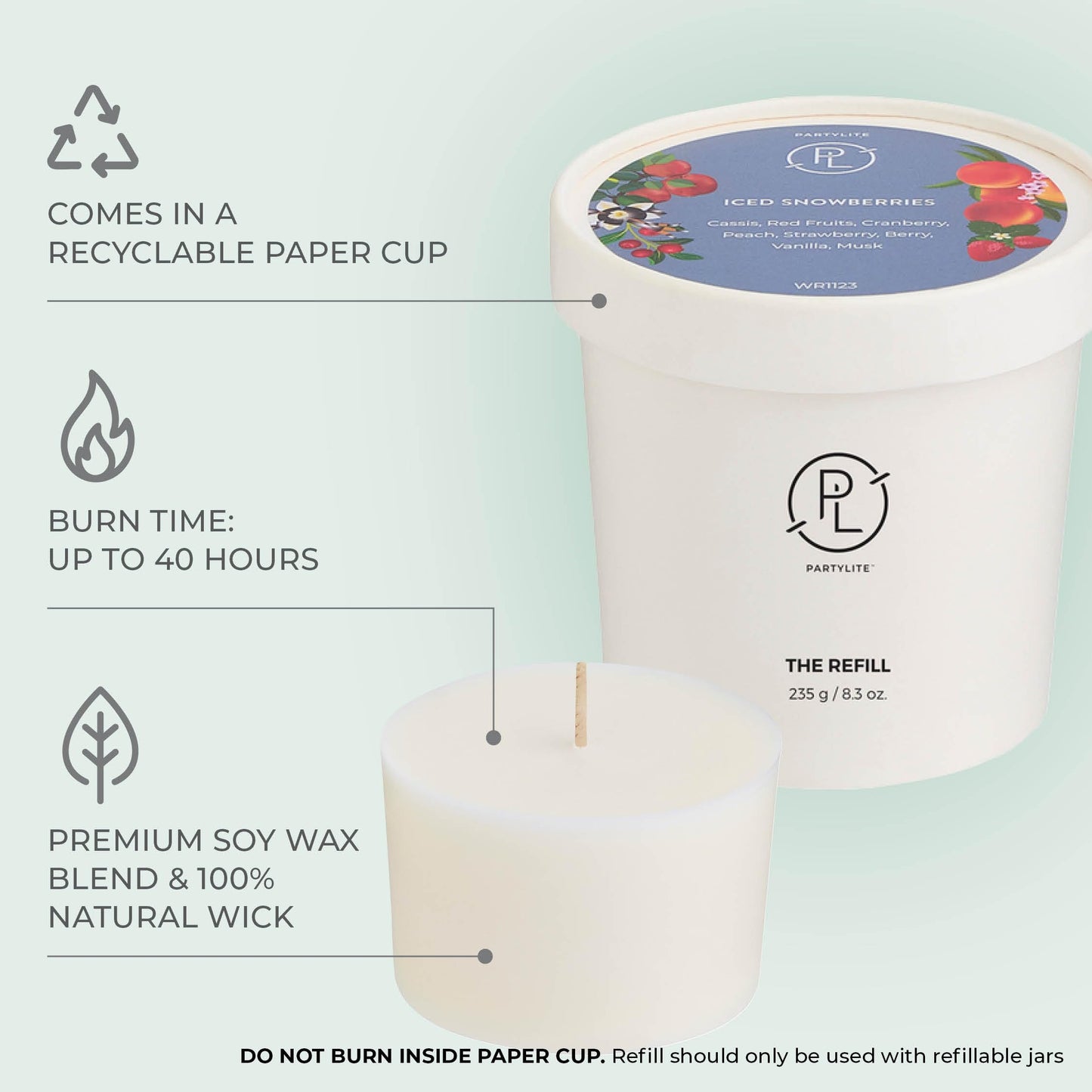 PartyLite Iced Snowberries Scented Candle Refill, Notes of Apple, Cranberry, Peach, Strawberry, Vanilla & Musk,10oz 1-Wick Aromatherapy, Upto 40 Hours of Luxury Fragrance, Sustainable Premium Soy Wax