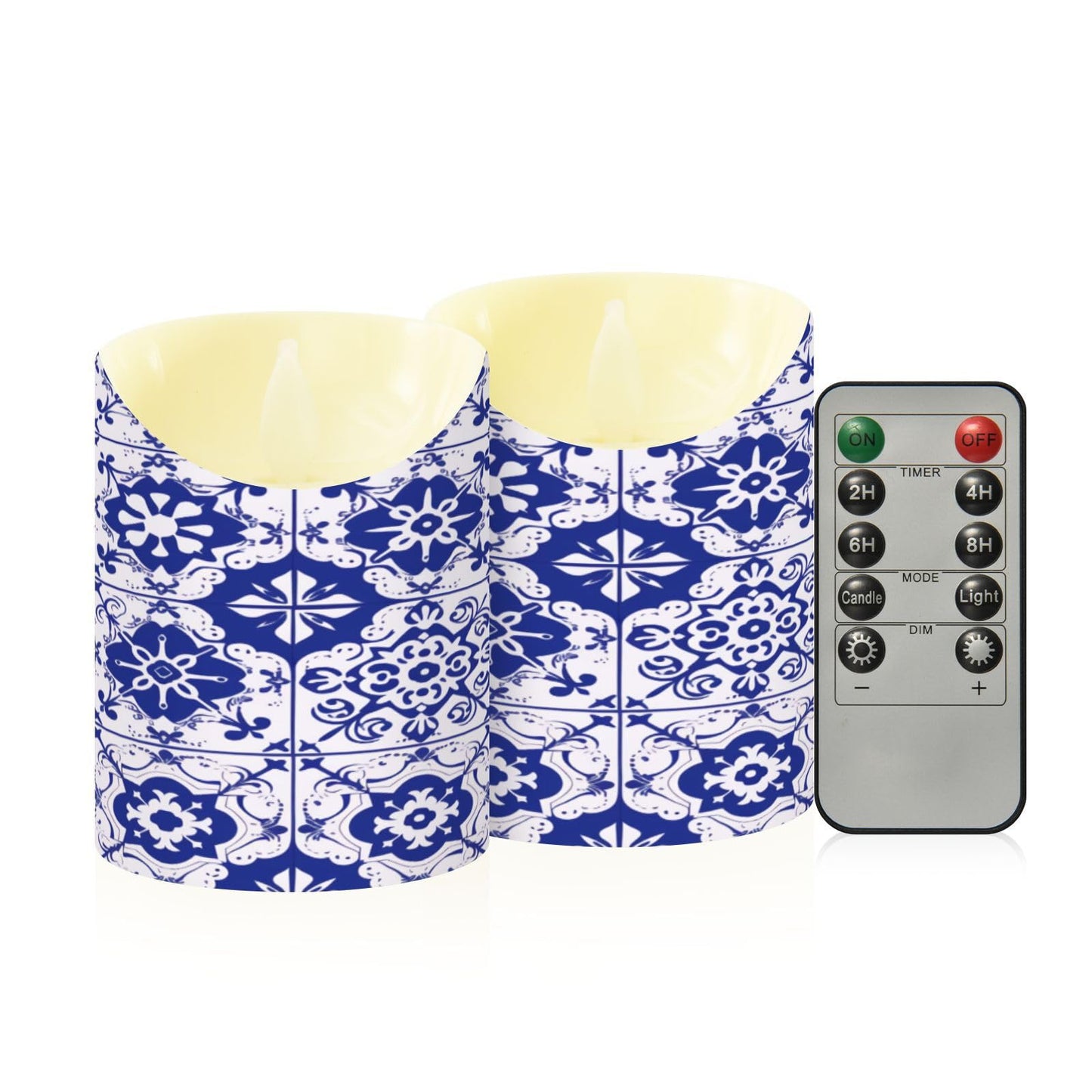 Gravopti Spanish Tiles 2 Pack Flameless LED Pillar Candles with Remote & Timer, Battery Operated, Flickering Wax Candle for Wedding, Romantic Home & Party Decor