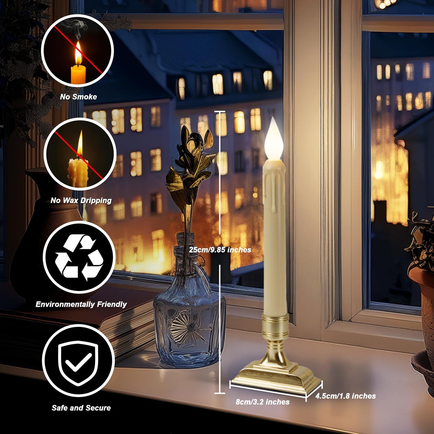 Meigic 6 Pcs Sensor Dawn to Dusk Window Candles, Flickering Battery Candles for Windows, Ultra Bright Fake Candle Lights with Gold Holders, Led Candlesticks for Xmas Home Decor, White Light