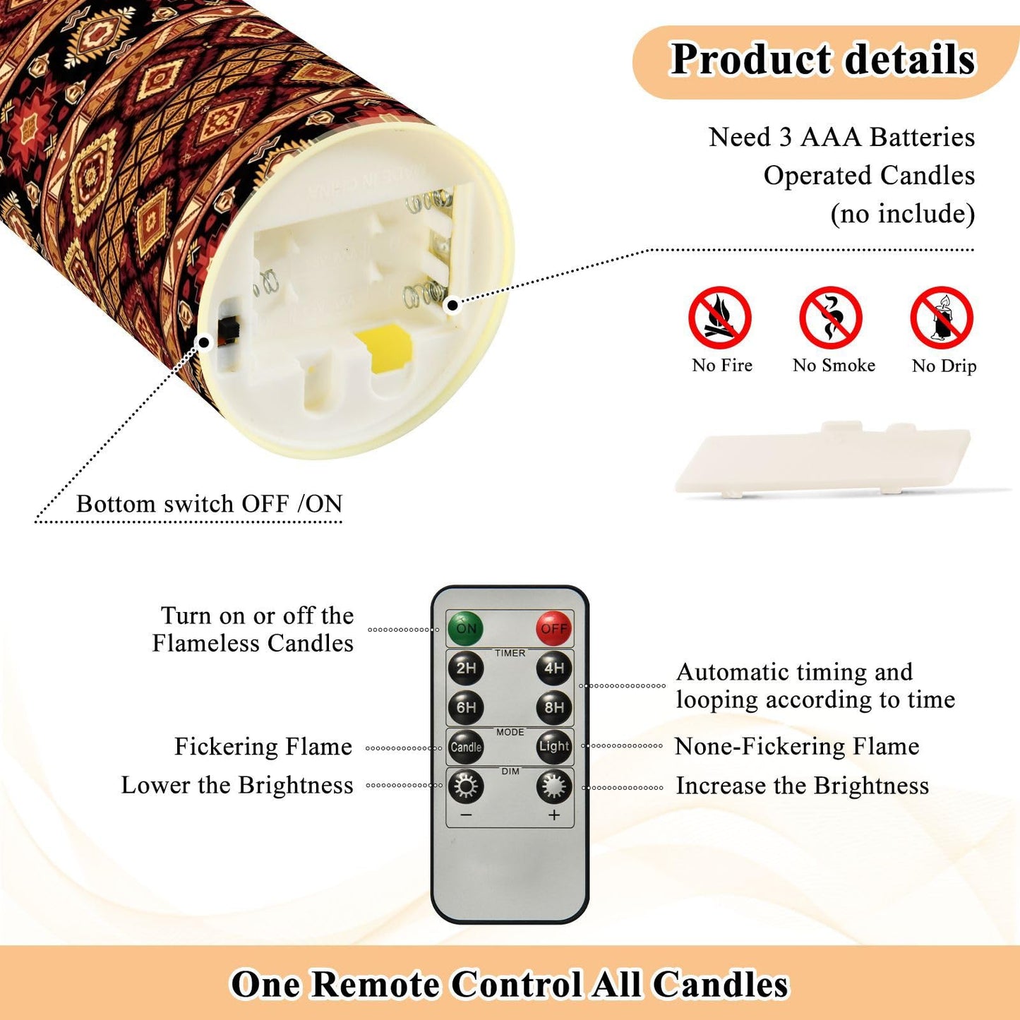 Gravopti Tribal Stripe 2 Pack Flameless LED Pillar Candles with Remote & Timer, Battery Operated, Flickering Wax Candle for Wedding, Romantic Home & Party Decor