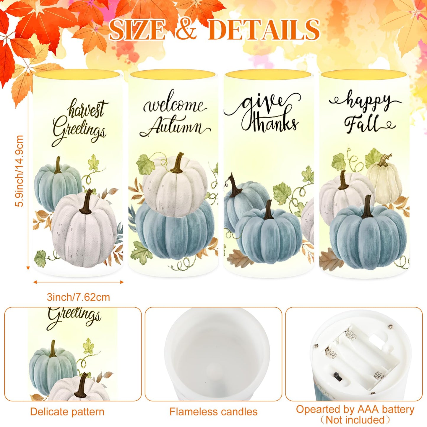 Tiamon 4 Pack Fall Led Candles with Remote - Blue Pumpkin Flameless Candles - Autumn Battery Operated - Warm Light Flickering - Harvest, Thanksgiving Table Decorations, Gift