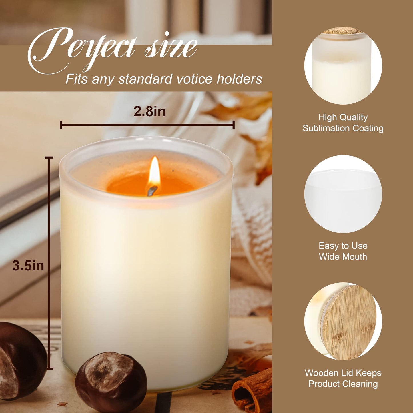 sweet grain 10oz Sublimation Glass Tealight Candle Holder with Bamboo Lids 12 Pcs Sublimation Frosted Glass Jar for Party Decorations, Birthday, Wedding and Dinner Table Decor