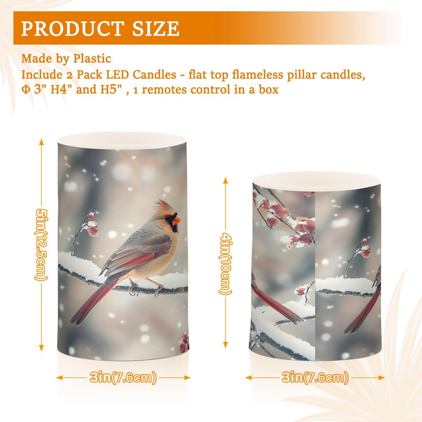 ALAZA Winter Red Birds Branch Snow Flickering Flameless Candles Battery Operated with Remote Timer,Tea Light Candles LED Pillar Votive Candles Set of 2 for Outdoor Indoor Decorations