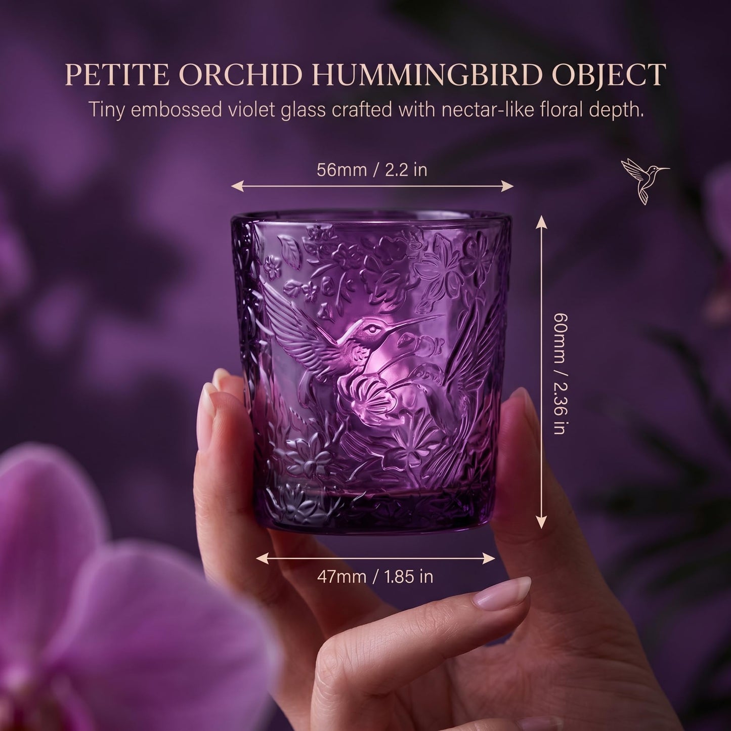 12 Pack Hummingbird Embossed Glass Candle Holders – Votive Tealight Holders with Patent Design, Decorative Embossed Glass Cups for Wedding Centerpieces, Parties, and Home Décor (Amethyst Bloom)