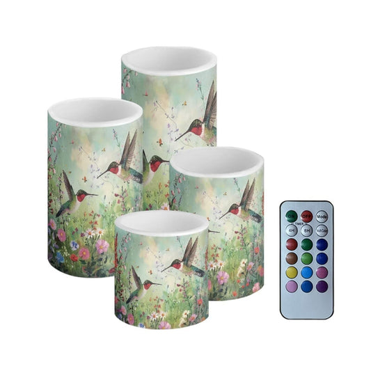 Merkmak Pack of 4 Flameless Candles Bulk Battery Operated Candles with Remote and Timer Flickering LED Elictric Pillar Tealights for Indoor Outdoor Patio Porch Home Decoratins, Floral Hummingbird