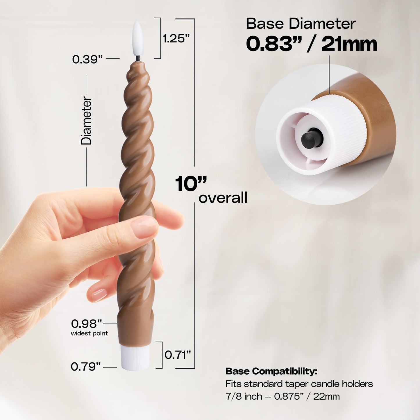 WYZworks 10" Flameless LED Taper Candles – Full Twisted Spiral – Brown, Set of 6 – Remote, 2/4/6/8-Hr Timer (24-hr Memory), Bottom On/Off Button, Dimmable, Battery Operated, Flicker/Steady