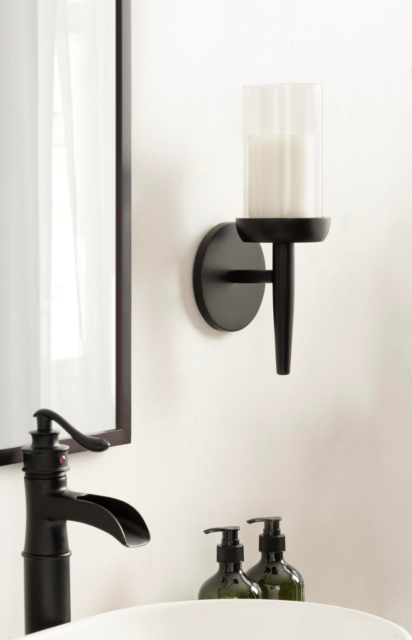 Kate and Laurel Shae Transitional Wooden Wall Sconce; 5 x 5 x 13; Black; Modern Candle Holder with Removable Glass Cylinder for Flameless Pillar Candles in Bedroom or Entryway