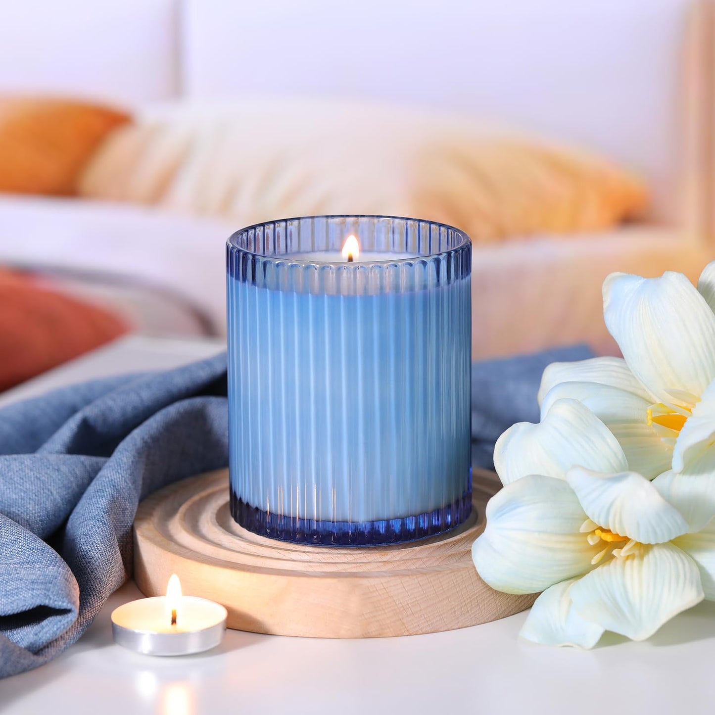 sunnyfuture 10 OZ Blue Candle Jars for Making Candles Set of 8, Ribbed Glass Candle Jars with Wood Lids and Labels, Candle Containers for DIY, Gifts, Home Decoration