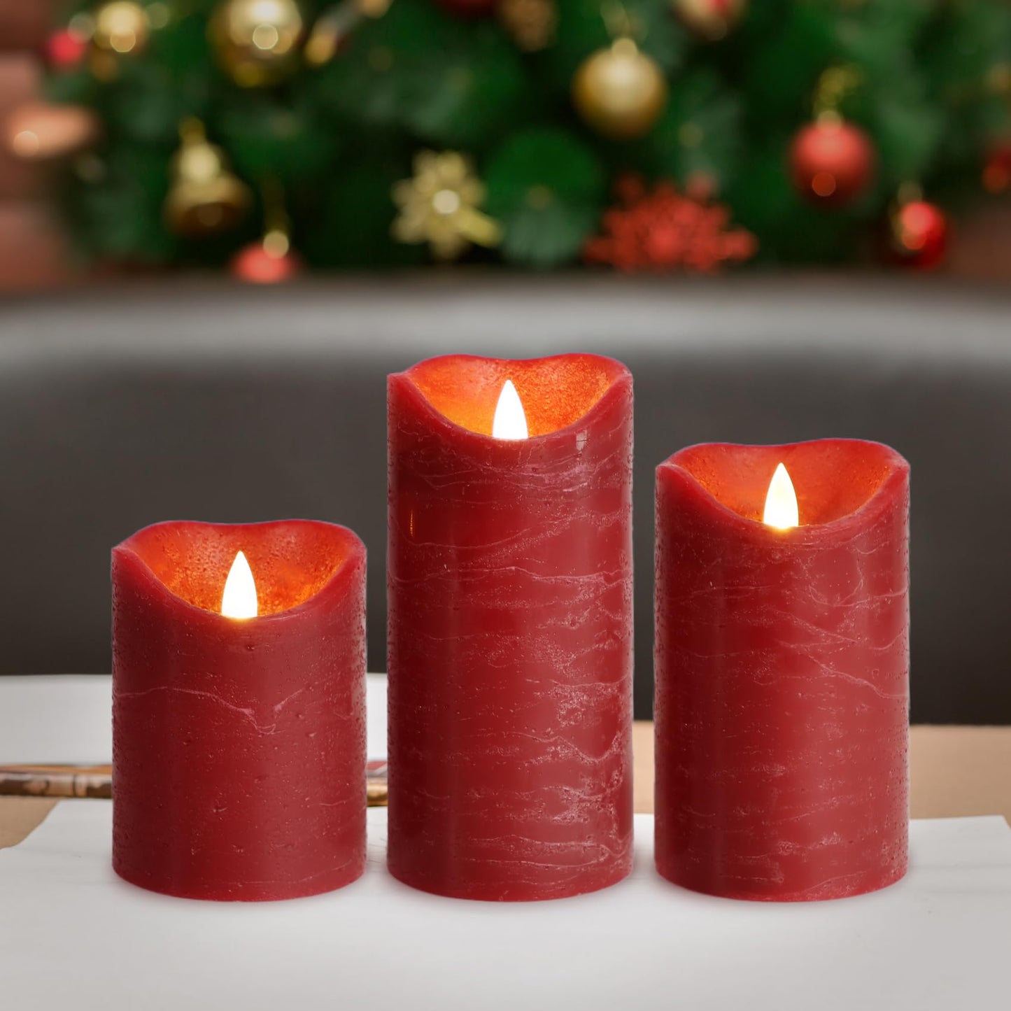 7LinRay Burgundy Flameless Candles with Remote, Real Wax Battery Operated LED Candles, Flickering Flameless Pillar Candles for Wedding, Festival, Set of 3