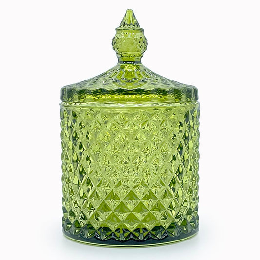 10 oz Olive Green Glass Candy Dish with Lid-Decorative Display Jar for Q-Tip Holder,Cotton Swab Storage,Bathroom Vanity Organizer,Home Office Decor