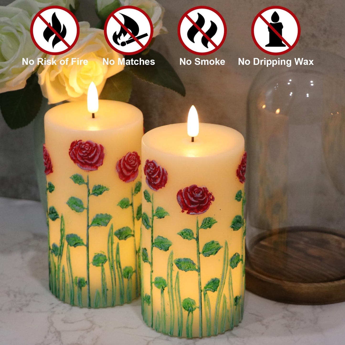 DRomance Roses Flower Flameless Candles Battery Operated with 6 Hour Timer 3D Wick Flickering LED Pillar Candles Real Wax Hand-Painted Dinner Christmas Holiday Decor(2 Pack, 3" D x 6.5" H)