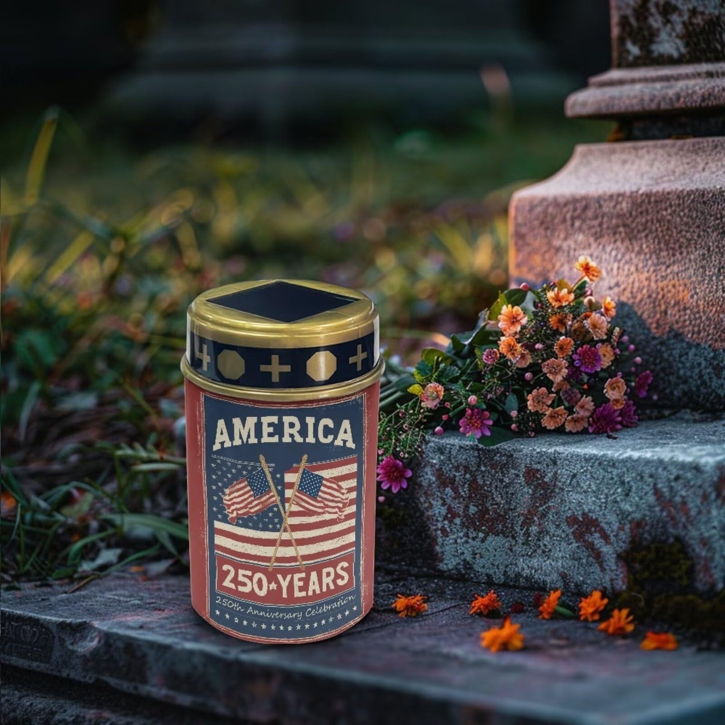 Poceacles Patriotic Solar Powered Flameless Candle Cemetery Votive Candles American Flag 4th of July Decor, 2 PCS, America 250 Years 250th Anniversary Celebration Print