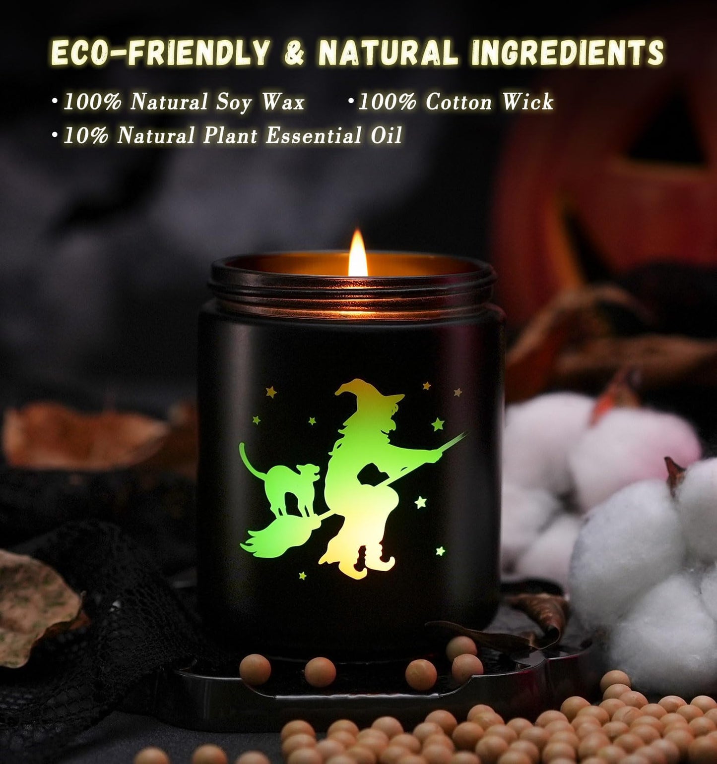 Halloween Decor Indoor-Halloween Gifts Candles for Women with LED Witch, Fall Candles with Apple Cinnamon Scent Over 40 Hours of Burn Time, Gift for Home Fall Decorations Indoor, 100% Soy Wax