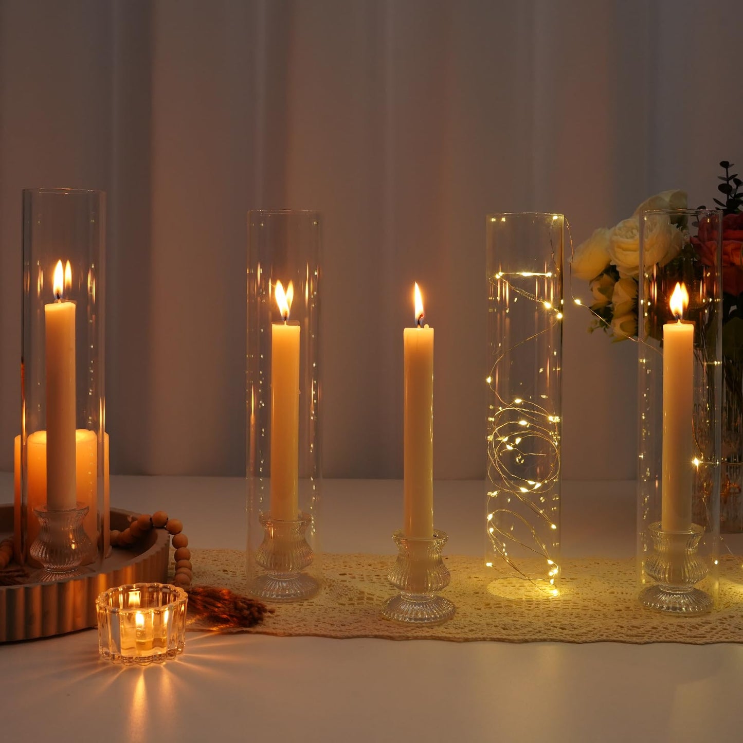 Hurricane Glass Candle Holders 4Pcs Fluted Candlestick Holders for Taper Candles with Cylinder Covers Crystal Candle Sticks Holder Decor for Wedding Birthday Christmas Table Decoration