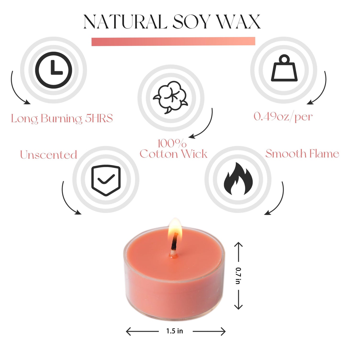 MUUFAZA 12 Unscented Natural Soy Tealight Candles in Clear Cups, 5H Long Clean Burning, Hand-Poured Orange Mini Tea Candle Set for Parties, Spa, Meditation, Gift, Holiday, Emergency, Home Decor
