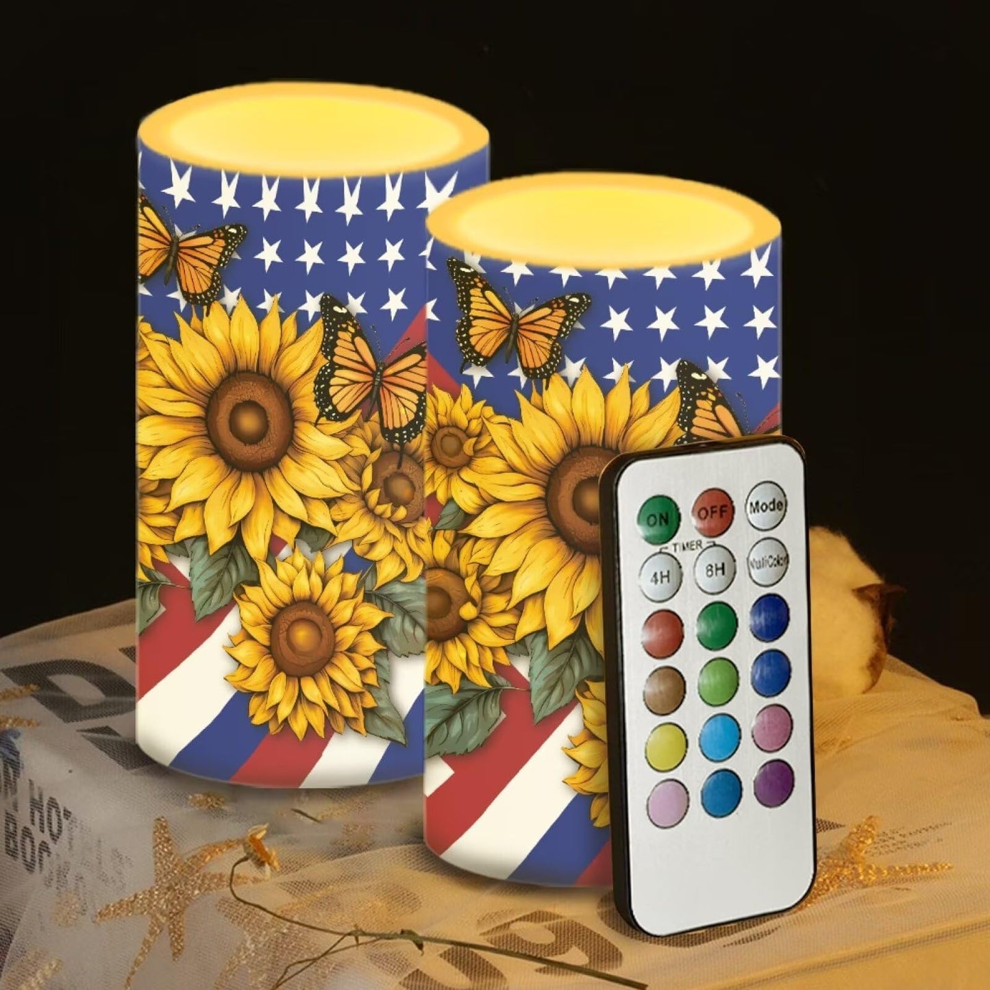 Luarisgur Independence Decorations Indoor Candles with Butterfly Sunflower American Flag Flameless Candles with Remote and Timer Set of 2 Battery Operated LED Candles for Festival Gift Home Room Decor