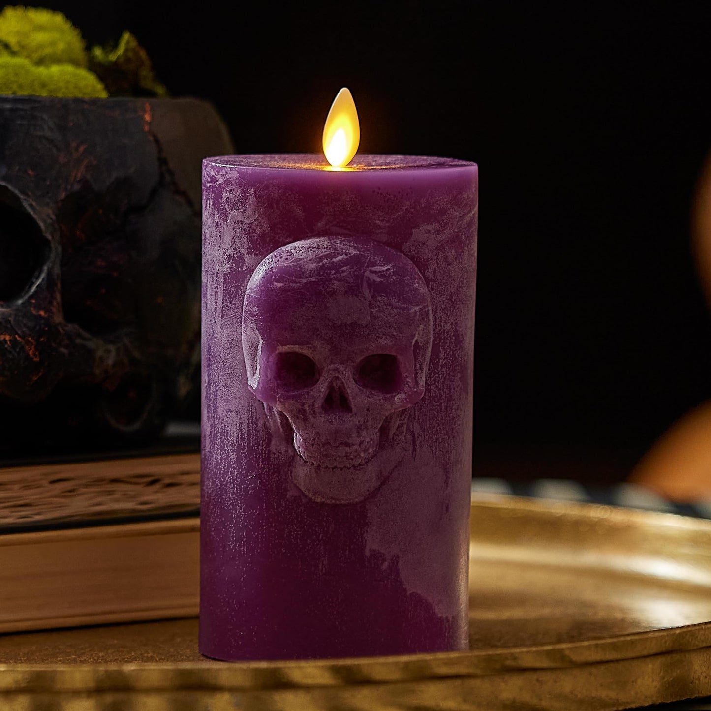 Luminara Chalky Skull LED Candle, Imperial Purple, Moving Flame, Gothic Halloween Decor, Battery Operated Flameless Unscented Wax Timer Indoor