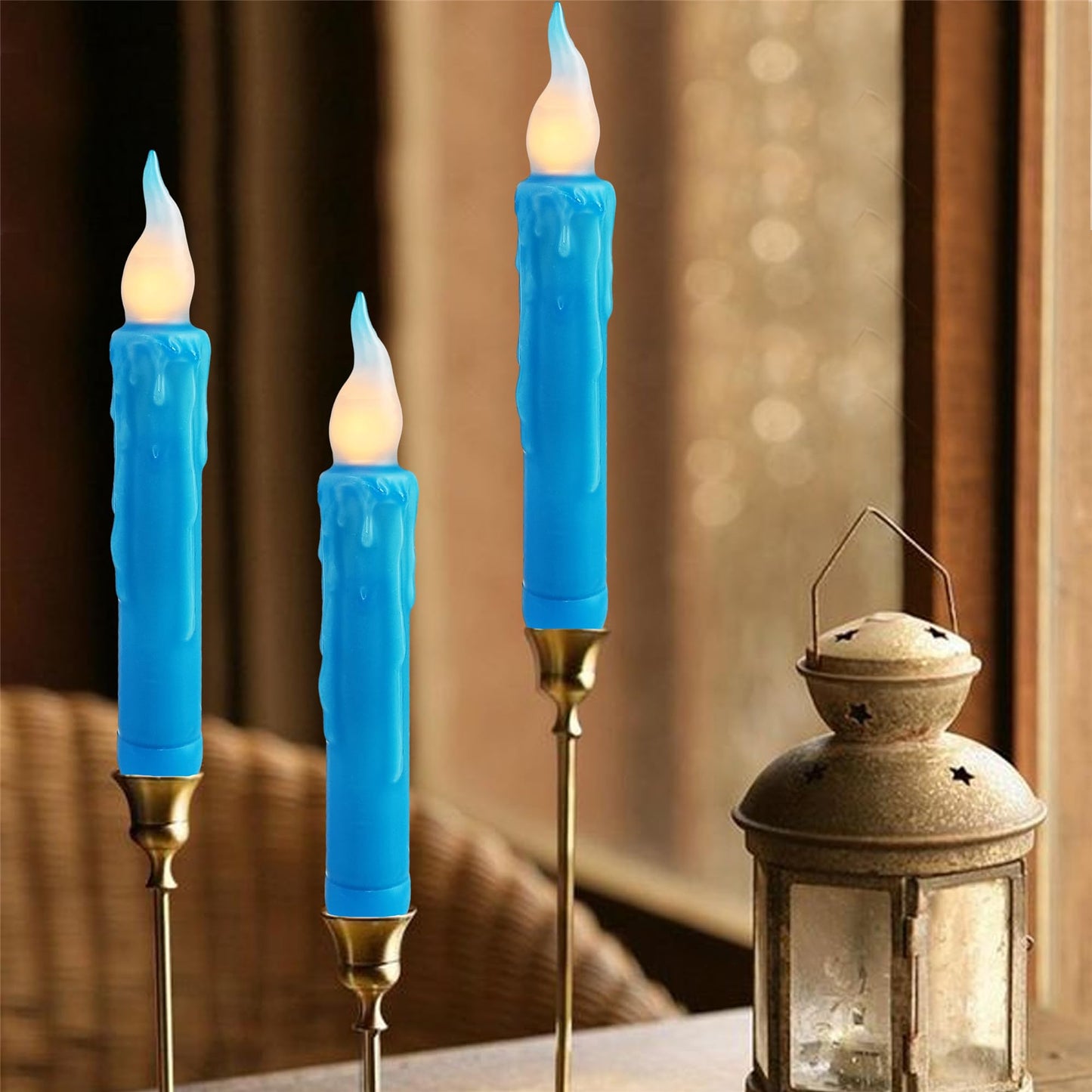 Gedengni Magical Candlesticks Flameless Taper Candle, 4pcs Real Wax LED Tapered Candles Remote Dipped Candle 6inch Battery Chandelier for Enchanting Weddings and Harry Potter Inspired Vigils(Blue)