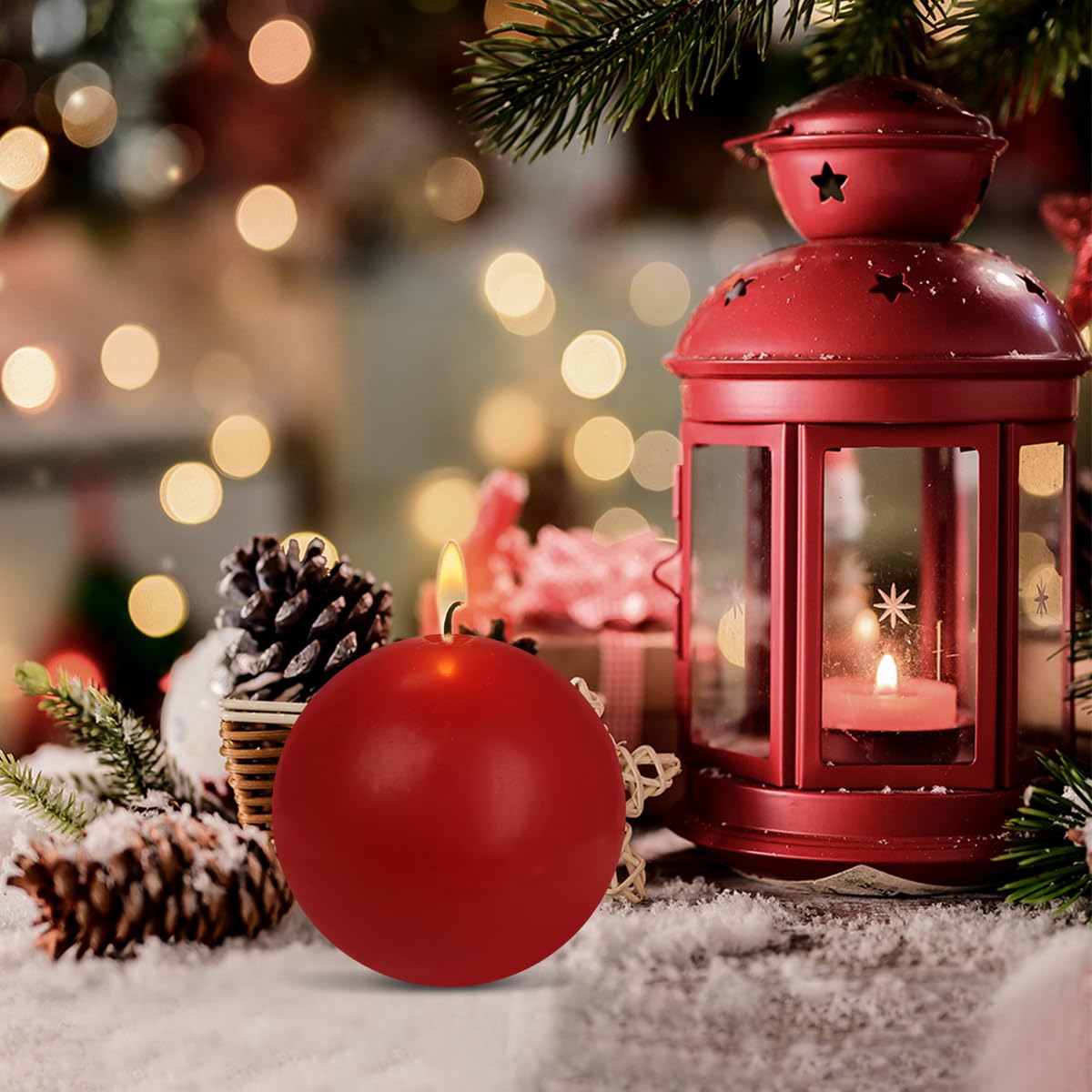 Ball Pillar Candles Set of 3 Red 3Inch Unscented Handpoured Weddings, Home Decoration, 75 Hour