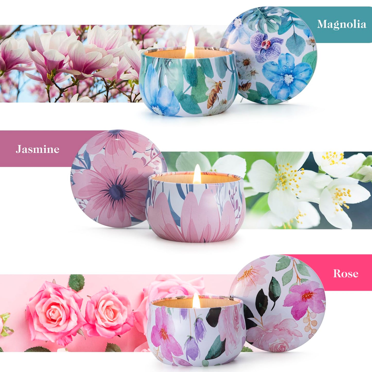 Hausware 3 Pack Scented Candles, 2.5 oz Aromatherapy Candles with Floral Scents,Soy Candles Set with 72H Burning Time,Ideal Gift for Women(Magnolia+Jasmine+Rose)