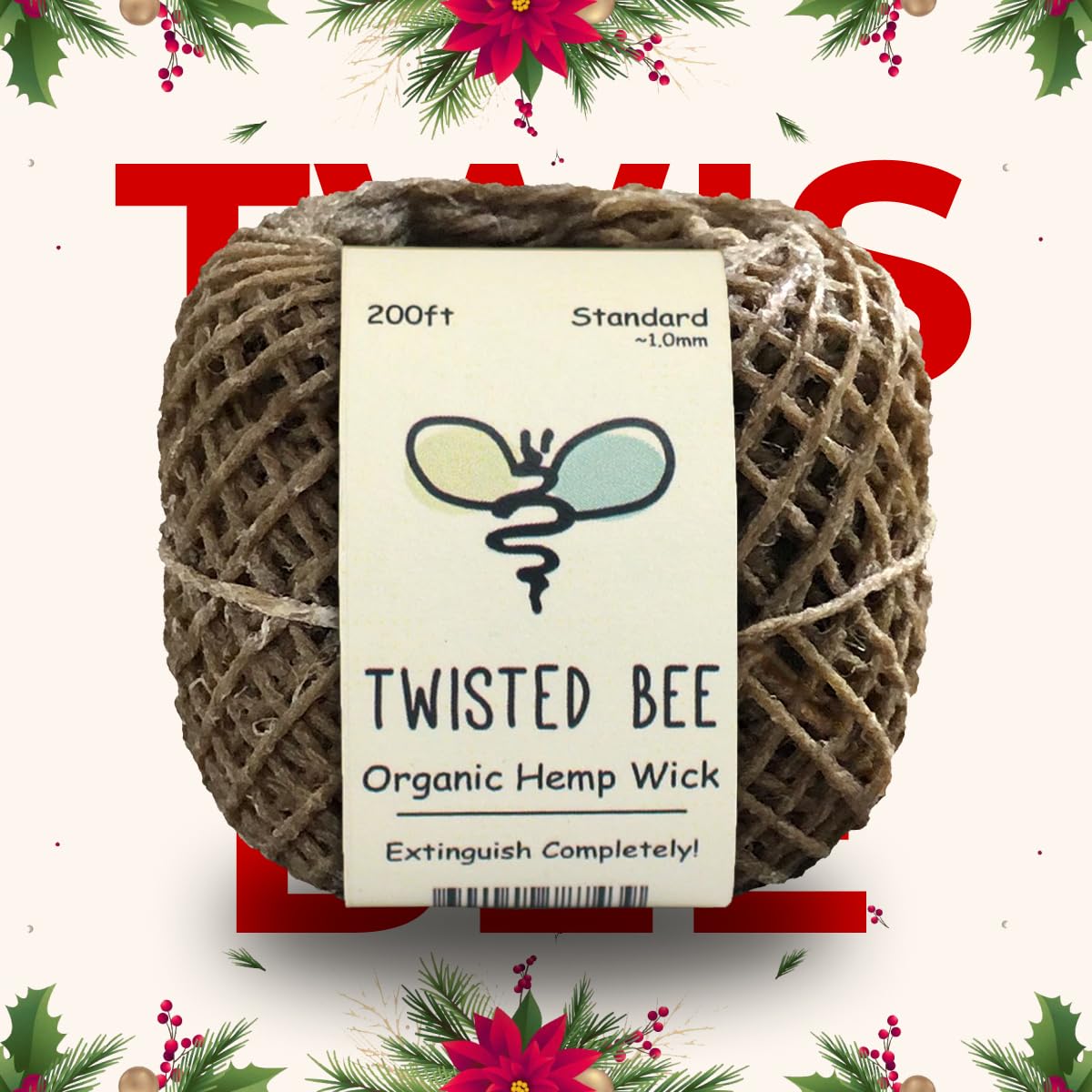 100% Organic Hemp Wick with Natural Beeswax Coating, Twisted Bee (200ft x Standard Size)
