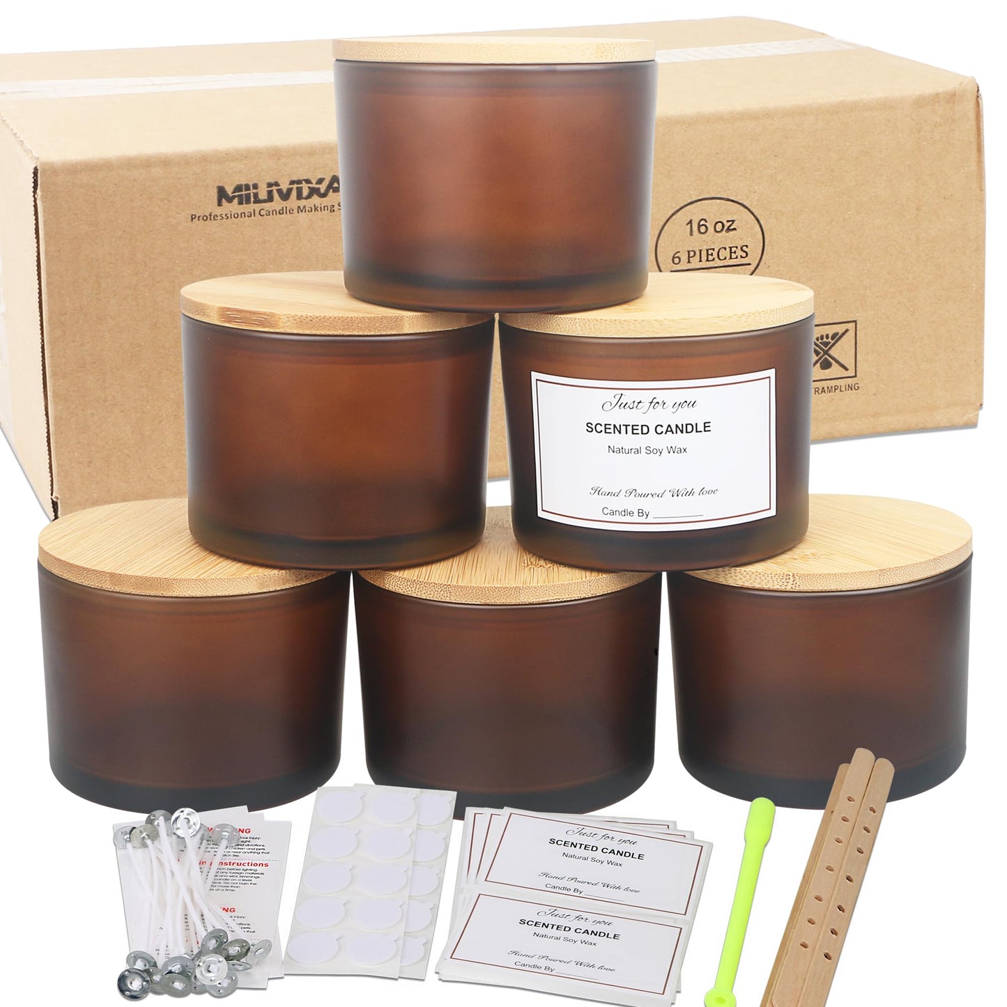 MILIVIXAY 6 Pack 16 oz Candle Jars with Bamboo Lids and Candle Making Kits - 3 Wick Candle Jar,Bulk Empty Frosted Amber Thick Glass Jars for Making Large Candles - Spice, Powder Containers.