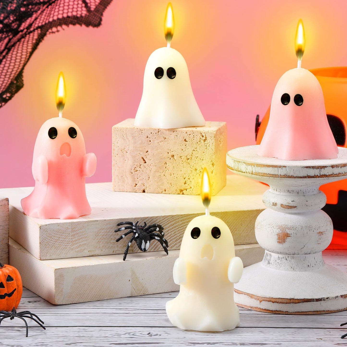 Minatee 4 Pieces Large Pink Halloween Ghost Candles Cute Pastel Spooky Goth Decor Burning Scented Wax Candles Gifts for Boo Basket Stuffers Halloween Room Table Indoor Decorations, 2 Style