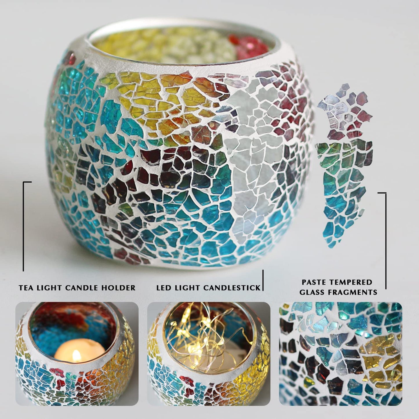 Votive Candle Holders for Table Centerpiece (NO Candles) Wedding Dinner by Candlelight,Tea Light Holders Mosaic Candle Holdes Candlescape Bowl for Valentine's,Christmas Party Decor 1 PC(Rainbow)