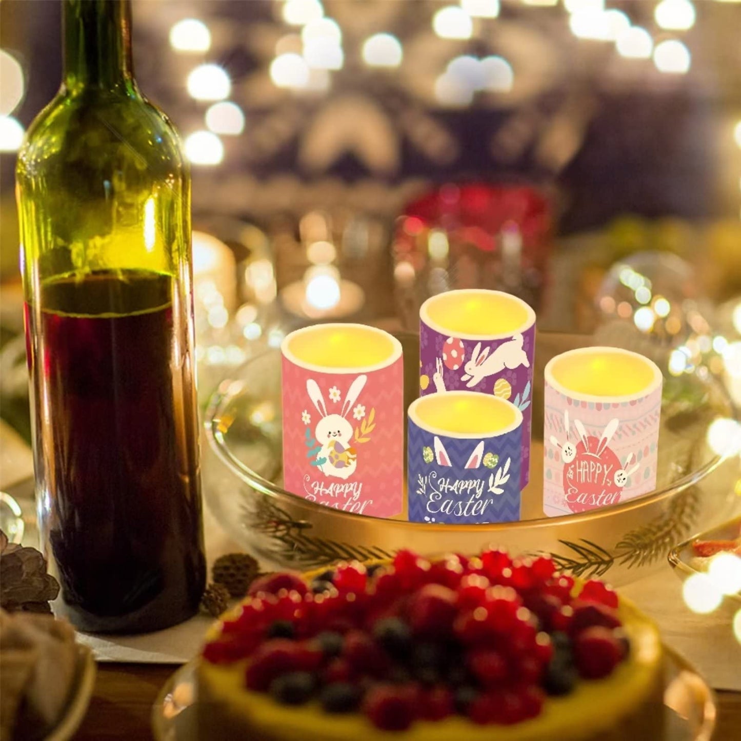 Cozeyat LED Candles 4 Packs,Happy Easter Design Electric Candles in Warm Yellow,Flicketing Votive Led Tea Lights Battery Opreated,Plastic Wax Pillar Moving Tealights for Indoor Outdoor