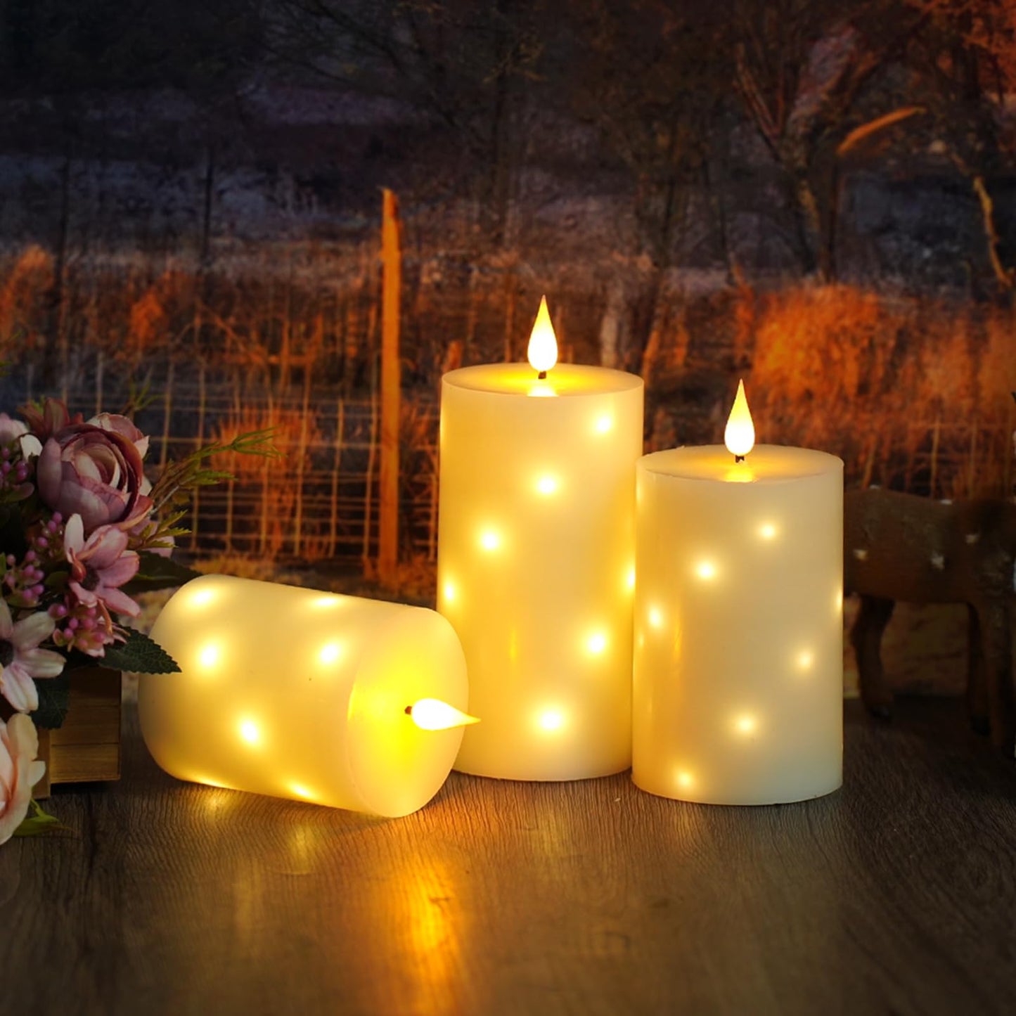 JINYANIA Flameless Candles with Embedded Star String, Real Wax Battery Operated Candles with Remote Timer, Flickering Pillar LED Candle Set for Home Decor Romantic Ambiance （Ivory）