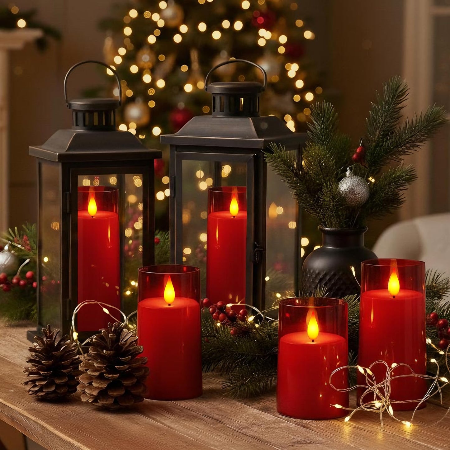 Raycare Independence Day Flameless Candles Battery Operated with Remote Timer, Acrylic Flickering LED Pillar Candle for 4th of July Home Patriotic Decor, Gift for Family and Friend, Red, Set of 5
