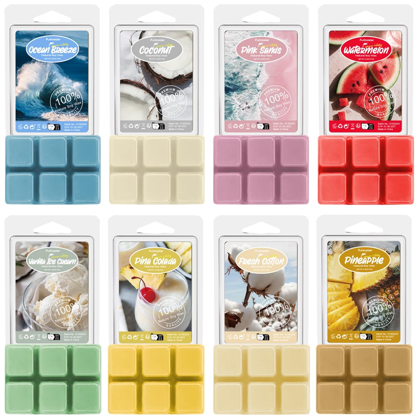 Soulorigin Summer Scented wax Melts, Soy Wax Tarts for Warmer, Scented Candles Gift Set -Sea Breeze, Coconut, Pina Colada, Pink Beach, Pineapple, Watermelon, Vanilla Ice Cream, and Fresh Cotton, 8Pack